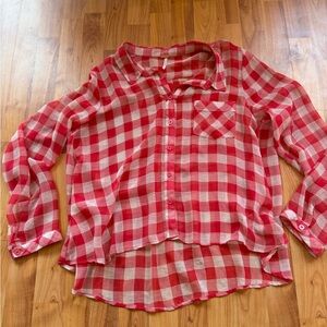 VINTAGE Free People Red and White Plaid Button Down Sheer Shirt